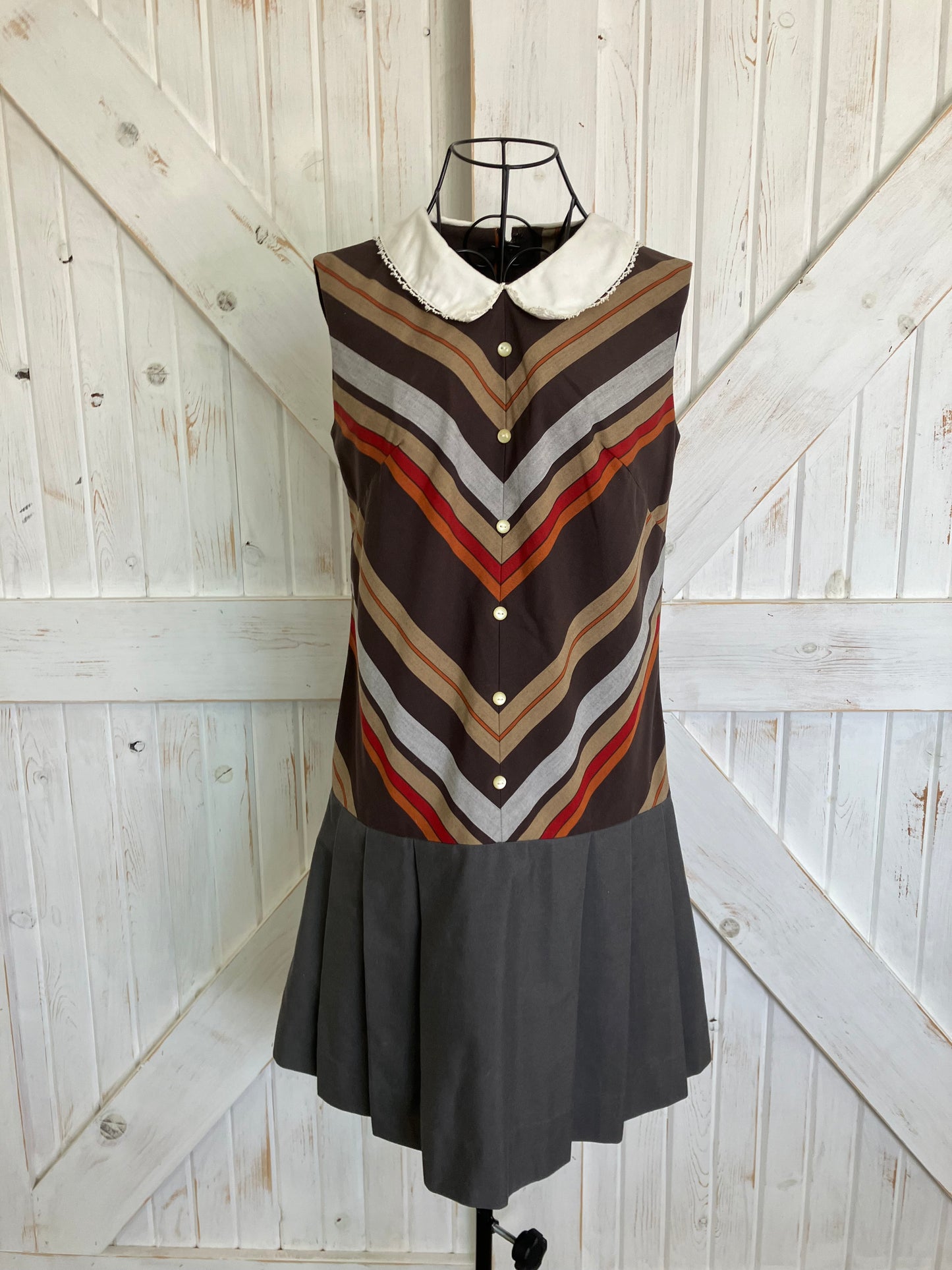 60's Vintage Lois Ann Juniors Brown Red Gray Chevron Stripe Marsha Brady Drop Waist Scooter Mini Dress