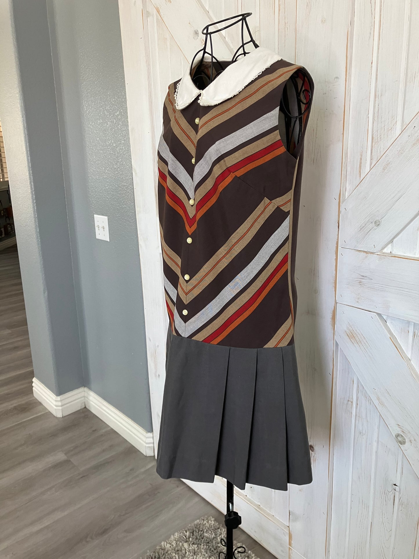 60's Vintage Lois Ann Juniors Brown Red Gray Chevron Stripe Marsha Brady Drop Waist Scooter Mini Dress