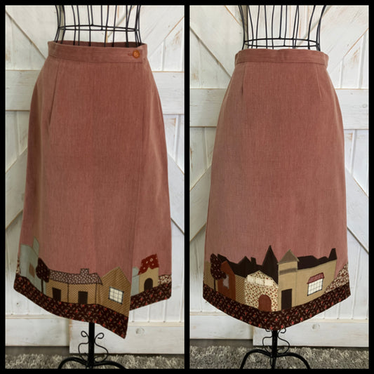 70's Vintage Brown Corduroy Patchwork Calico Prairie Novelty Town Scene Wrap Midi Skirt