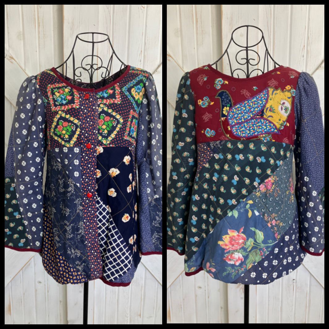 70's Vintage Jeanne Marc STYLE Rainbow Patchwork Calico Dove Bird Quilted Swing Coat