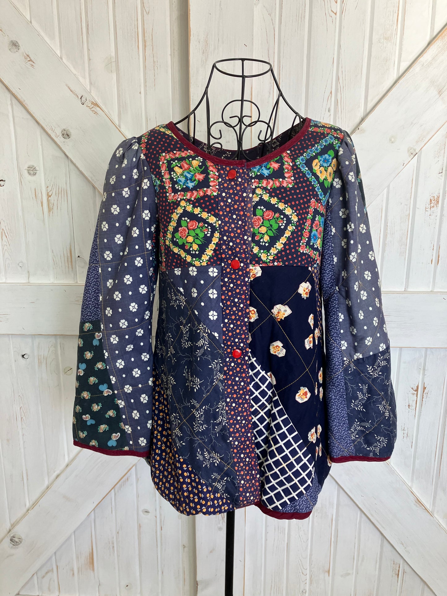 70's Vintage Jeanne Marc STYLE Rainbow Patchwork Calico Dove Bird Quilted Swing Coat