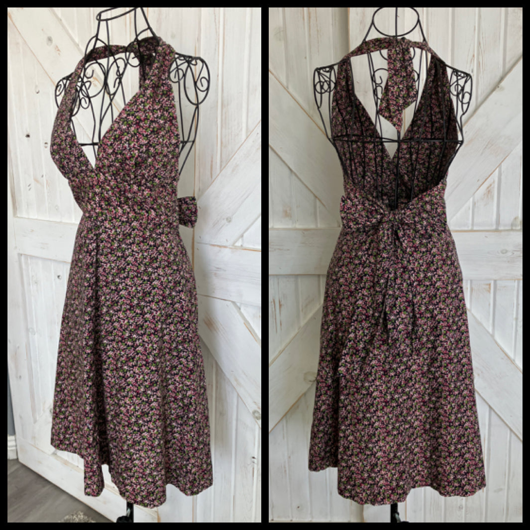 70's Vintage One California Black Pink Green Calico Halter Open Back Prairie Mini Sundress Dress