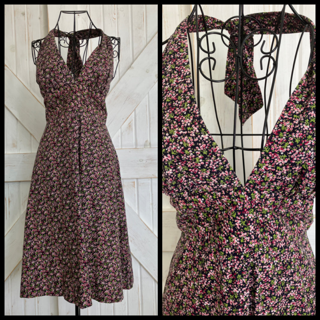 70's Vintage One California Black Pink Green Calico Halter Open Back Prairie Mini Sundress Dress