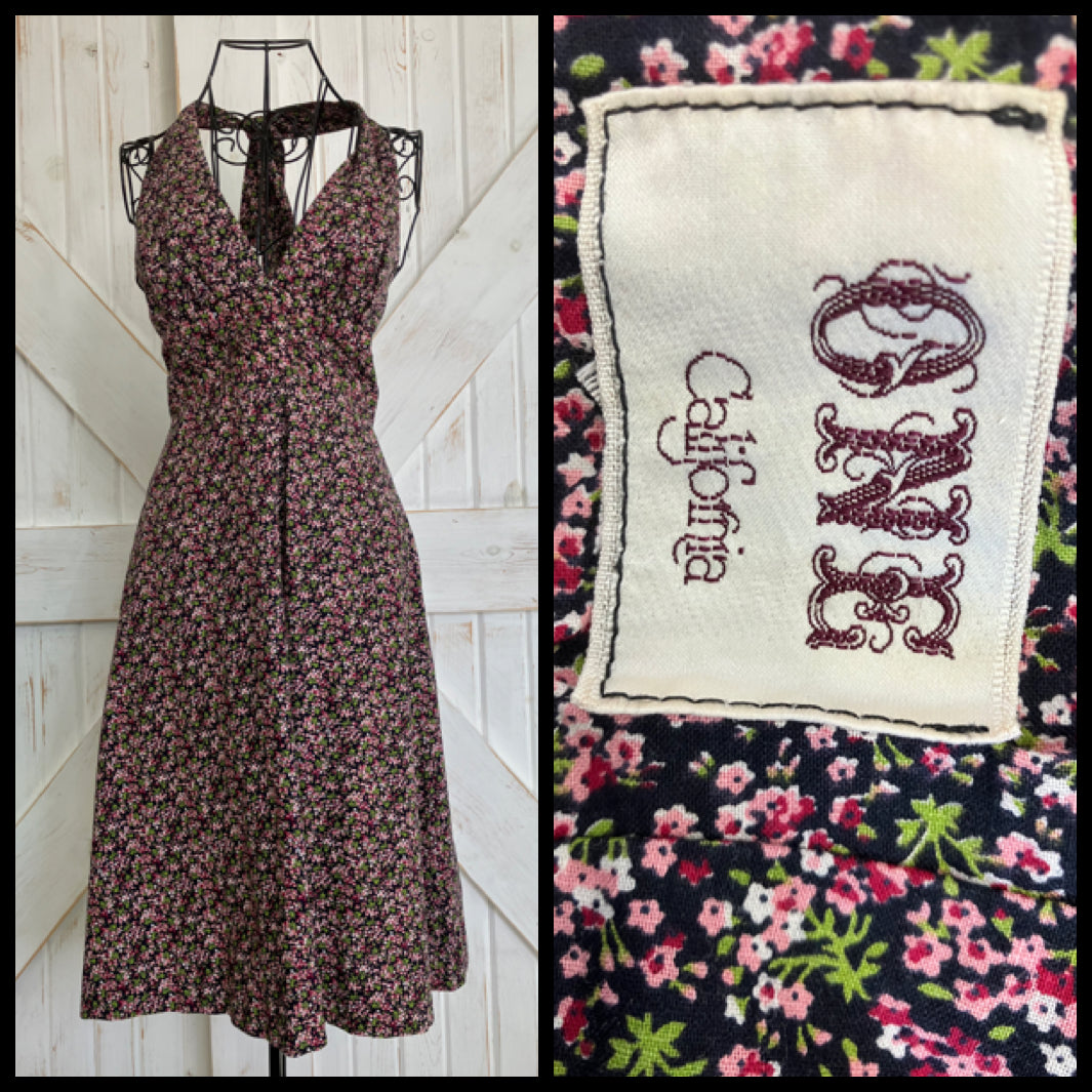 70's Vintage One California Black Pink Green Calico Halter Open Back Prairie Mini Sundress Dress