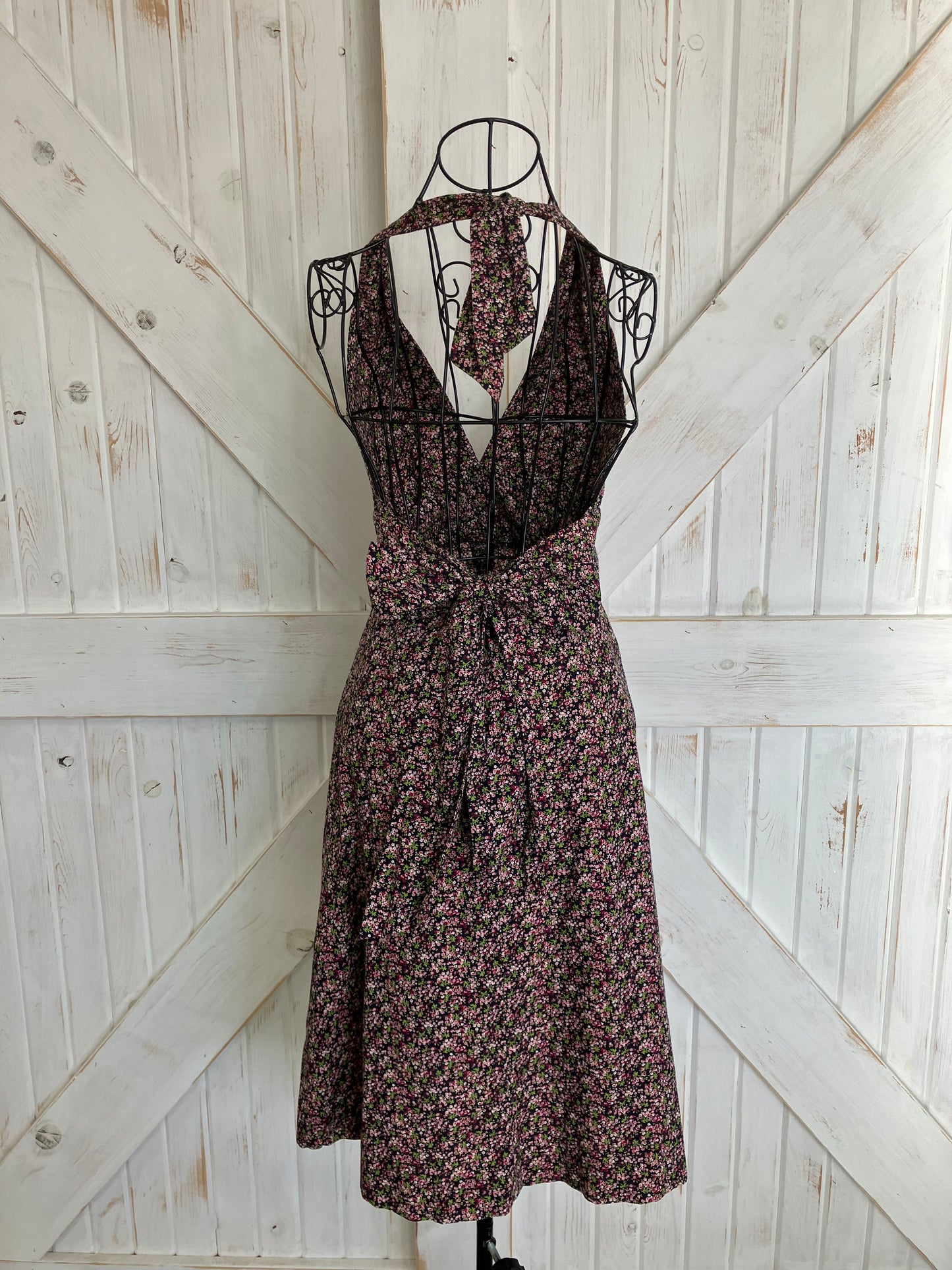 70's Vintage One California Black Pink Green Calico Halter Open Back Prairie Mini Sundress Dress