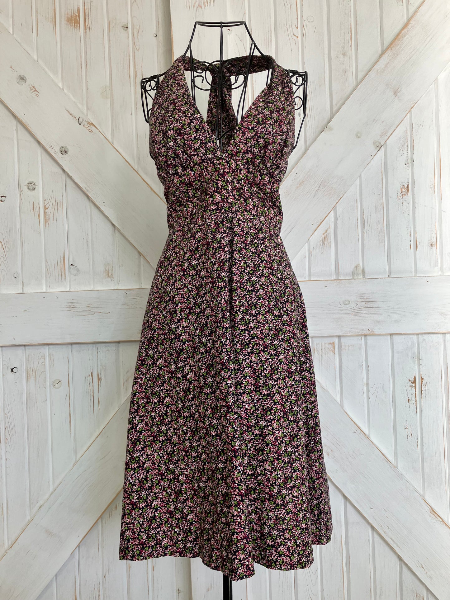 70's Vintage One California Black Pink Green Calico Halter Open Back Prairie Mini Sundress Dress