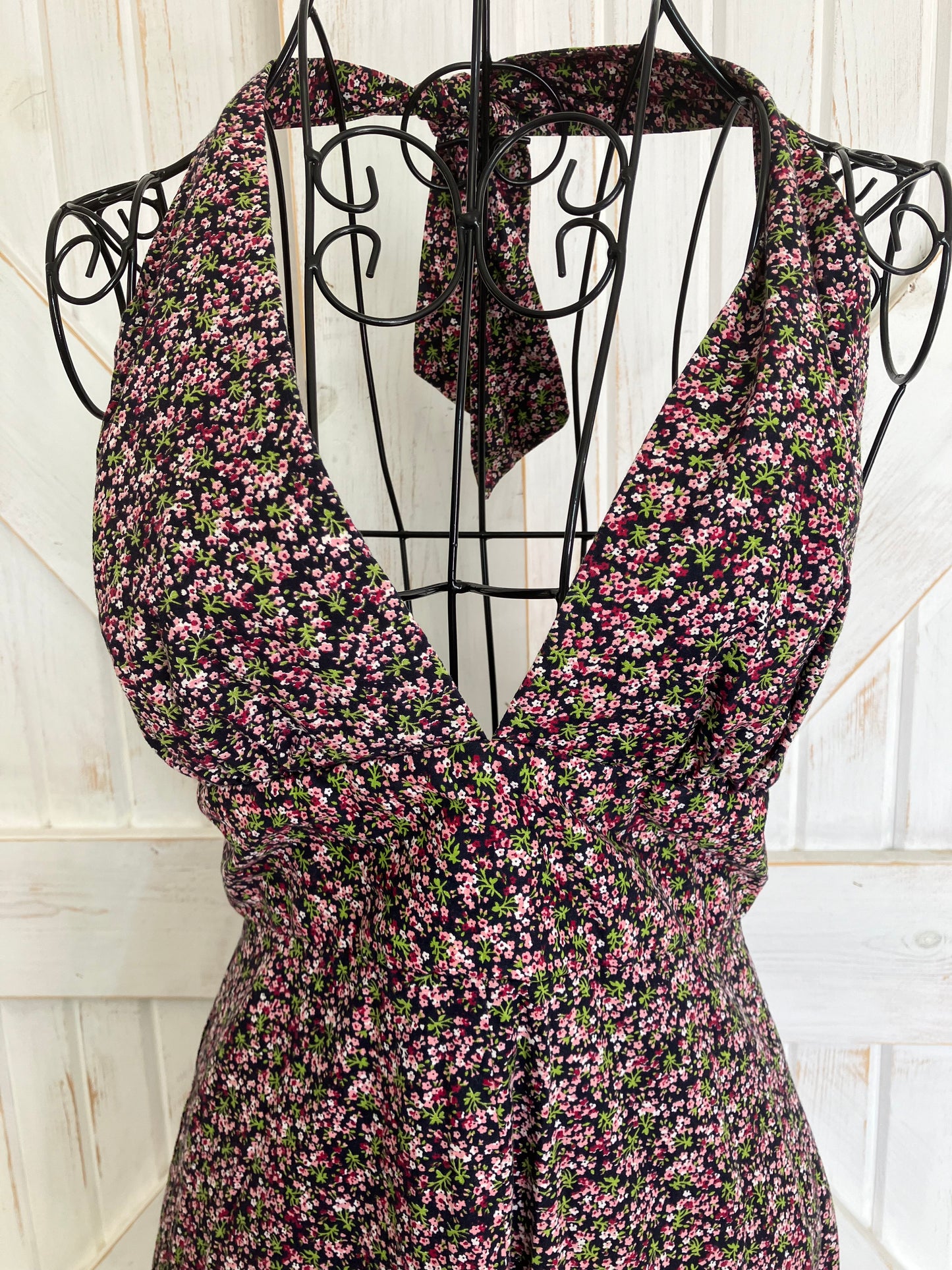 70's Vintage One California Black Pink Green Calico Halter Open Back Prairie Mini Sundress Dress