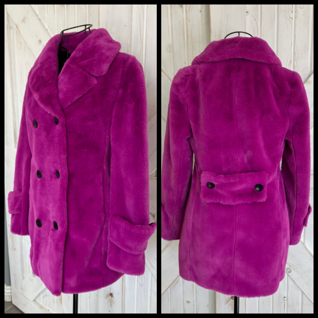 90's Deadstock with Tags Betsey Johnson Purple Pink Shag Fluffy Peacoat Pea Coat XS