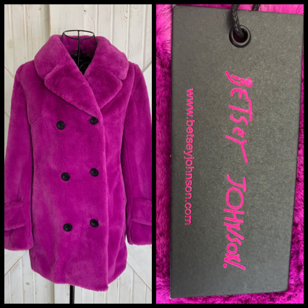 90's Deadstock with Tags Betsey Johnson Purple Pink Shag Fluffy Peacoat Pea Coat XS