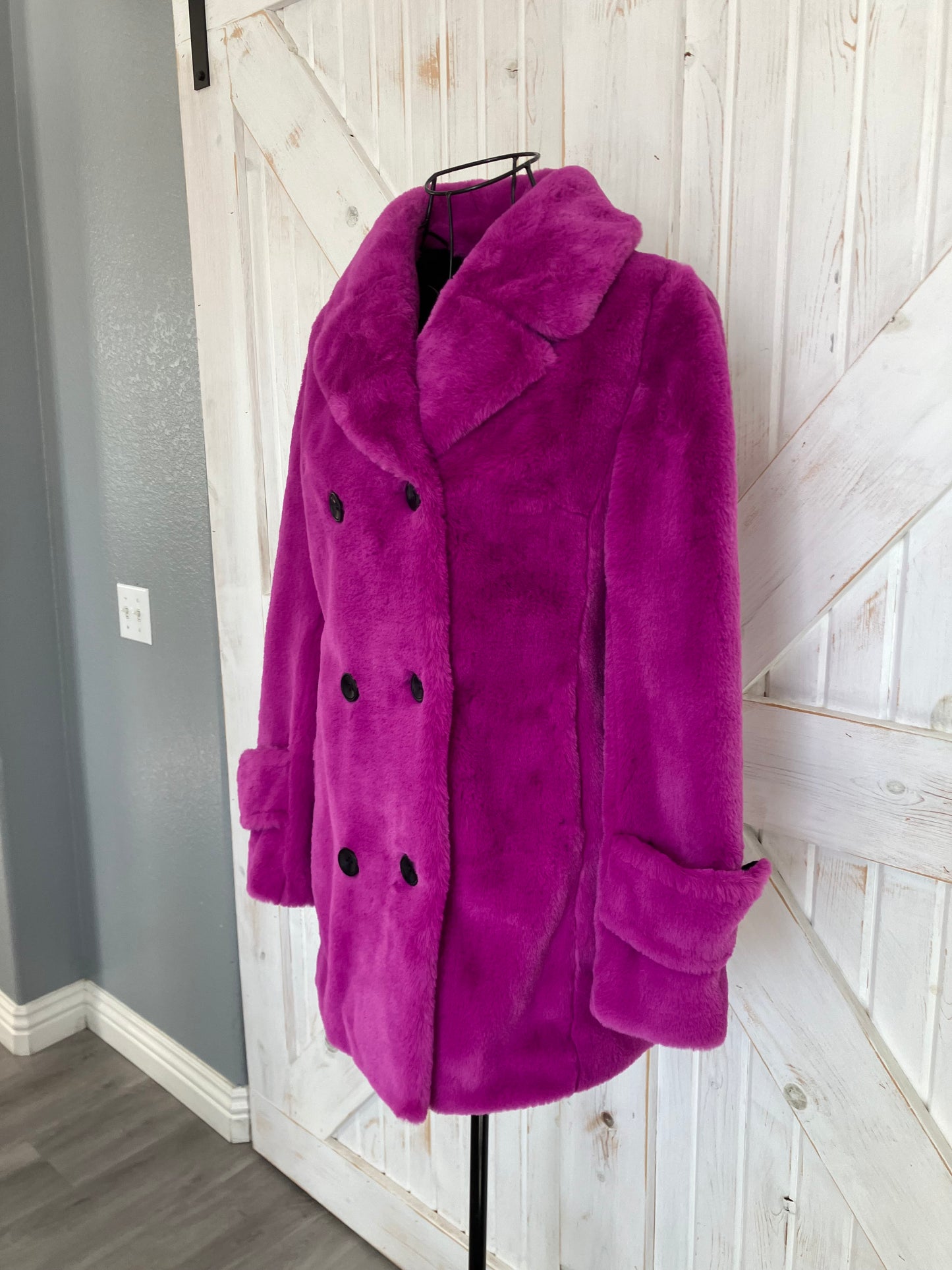 90's Deadstock with Tags Betsey Johnson Purple Pink Shag Fluffy Peacoat Pea Coat XS