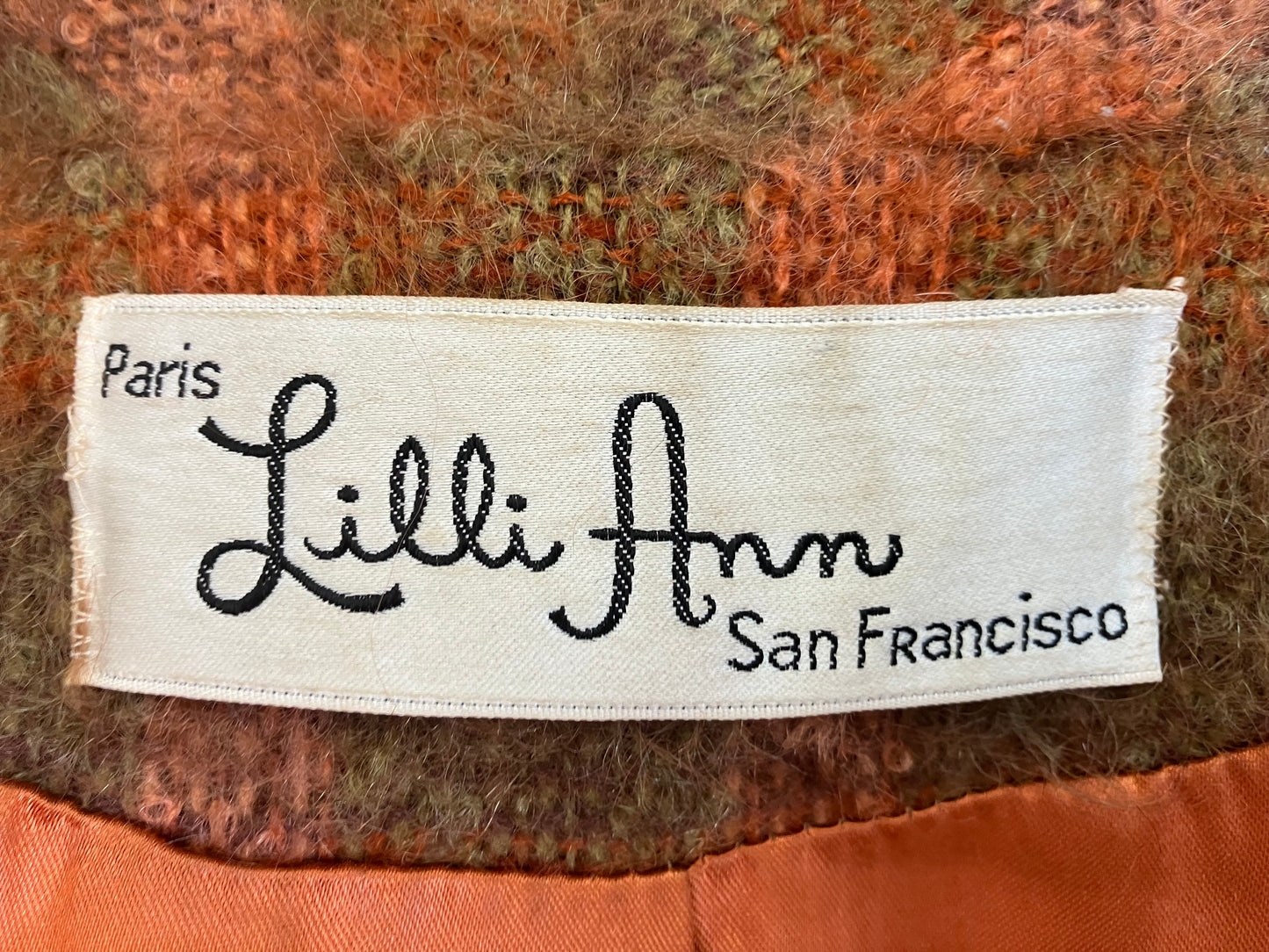 60's Vintage Lilli Ann Mod Orange Brown Check Plaid Fur Collar Mohair Pea Coat Jacket