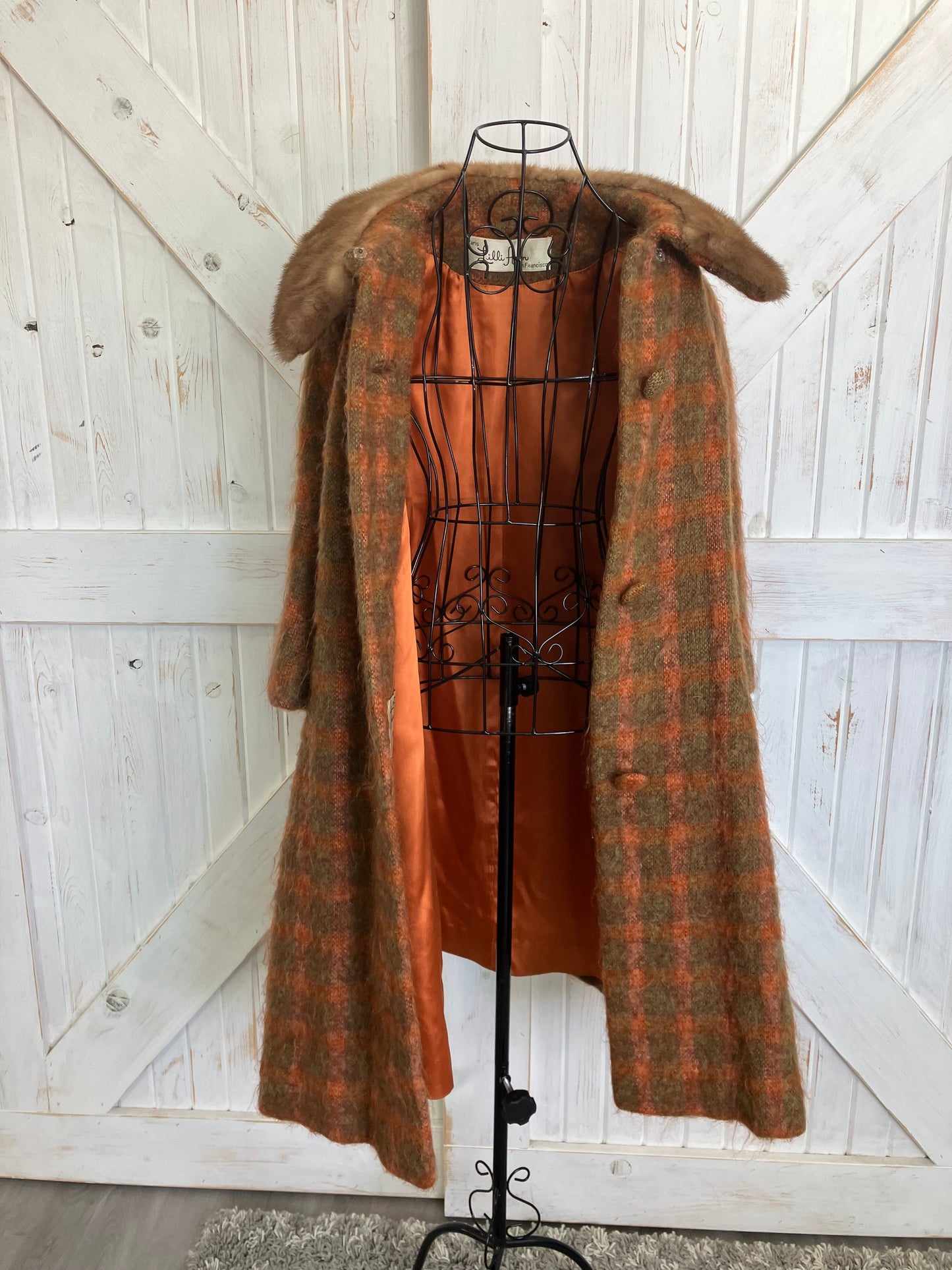 60's Vintage Lilli Ann Mod Orange Brown Check Plaid Fur Collar Mohair Pea Coat Jacket