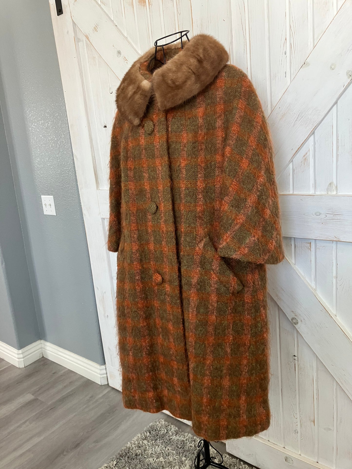 60's Vintage Lilli Ann Mod Orange Brown Check Plaid Fur Collar Mohair Pea Coat Jacket