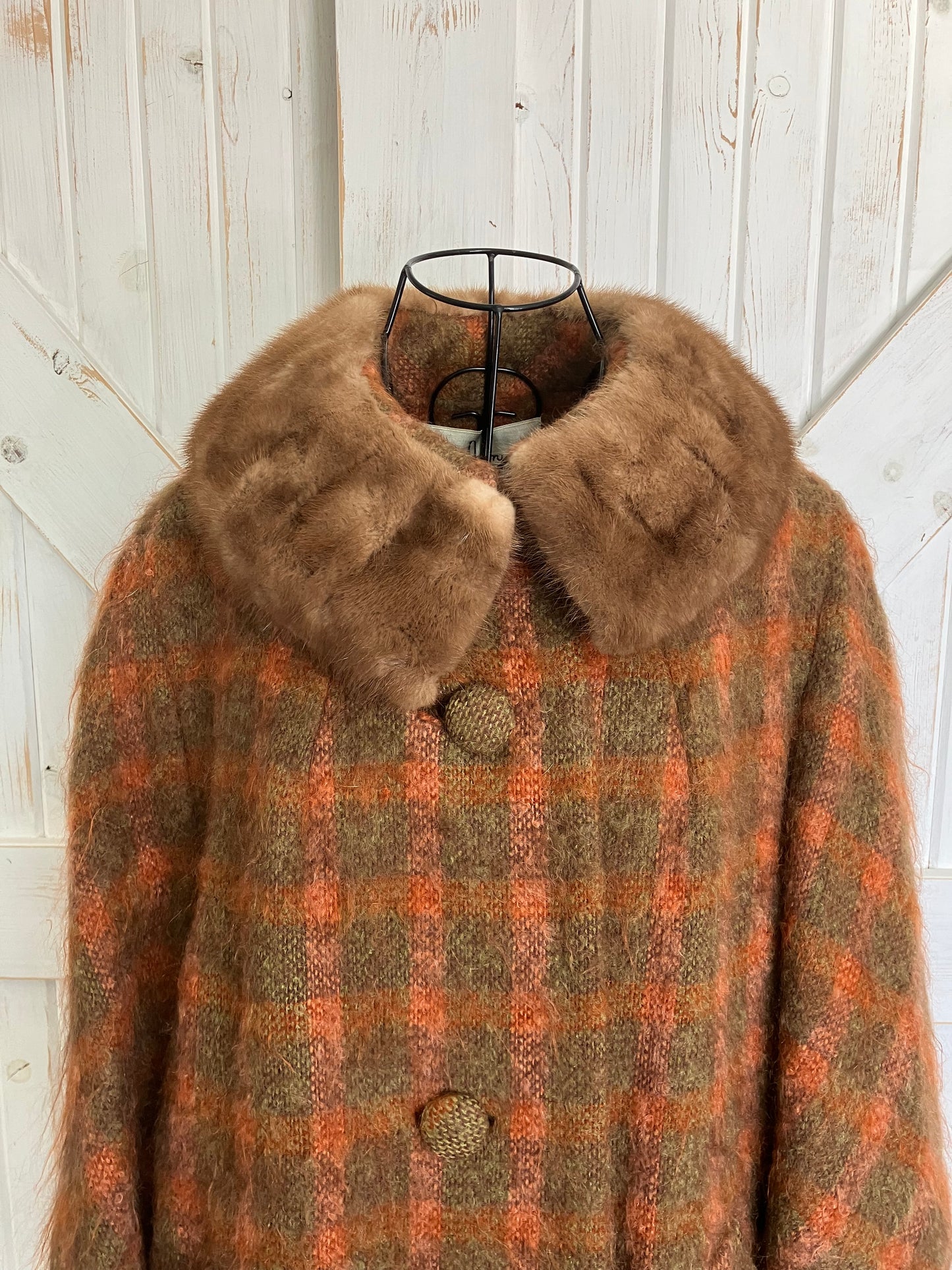 60's Vintage Lilli Ann Mod Orange Brown Check Plaid Fur Collar Mohair Pea Coat Jacket