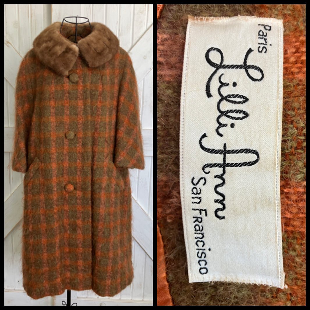 60's Vintage Lilli Ann Mod Orange Brown Check Plaid Fur Collar Mohair Pea Coat Jacket