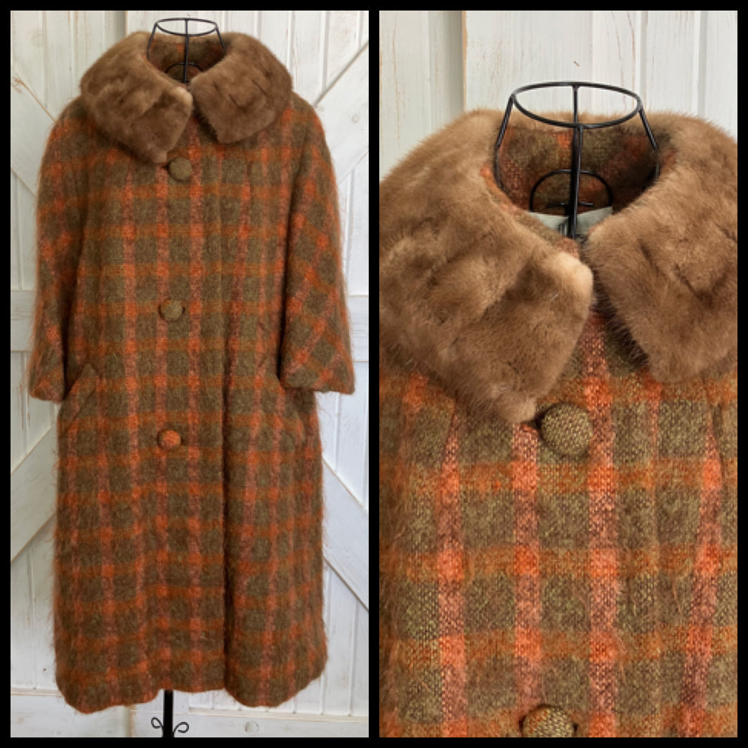 60's Vintage Lilli Ann Mod Orange Brown Check Plaid Fur Collar Mohair Pea Coat Jacket