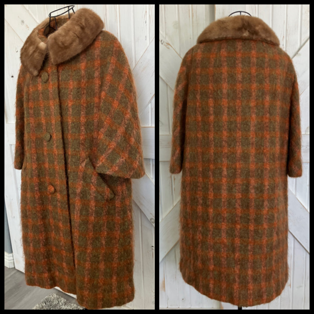 60's Vintage Lilli Ann Mod Orange Brown Check Plaid Fur Collar Mohair Pea Coat Jacket