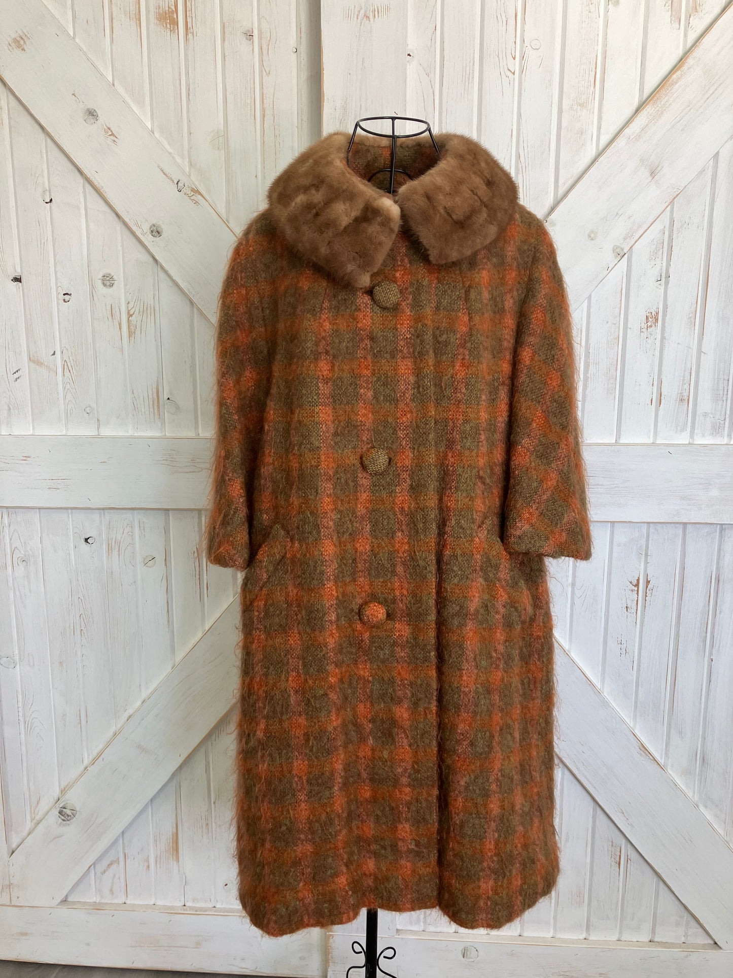 60's Vintage Lilli Ann Mod Orange Brown Check Plaid Fur Collar Mohair Pea Coat Jacket