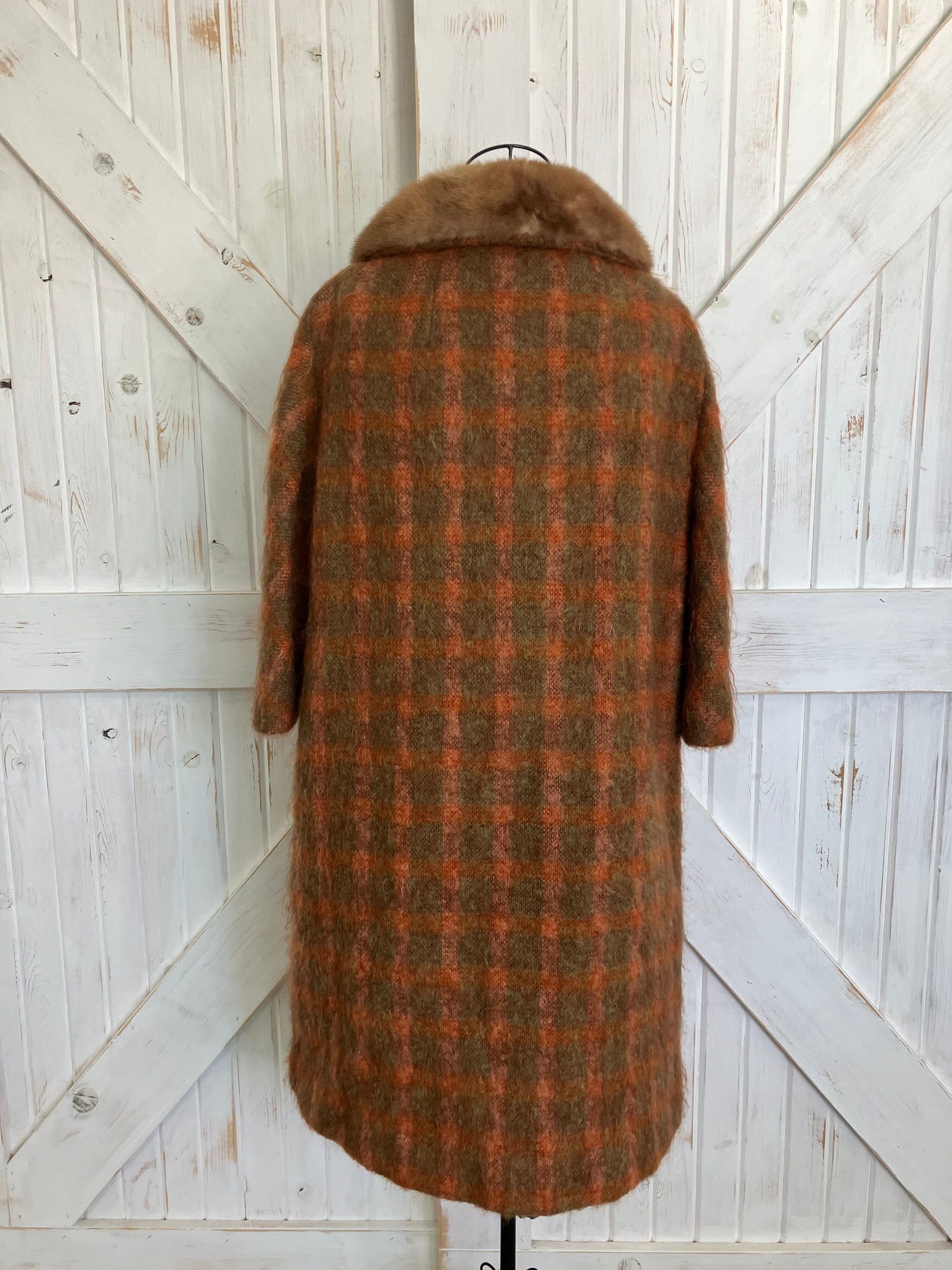 60's Vintage Lilli Ann Mod Orange Brown Check Plaid Fur Collar Mohair Pea Coat Jacket