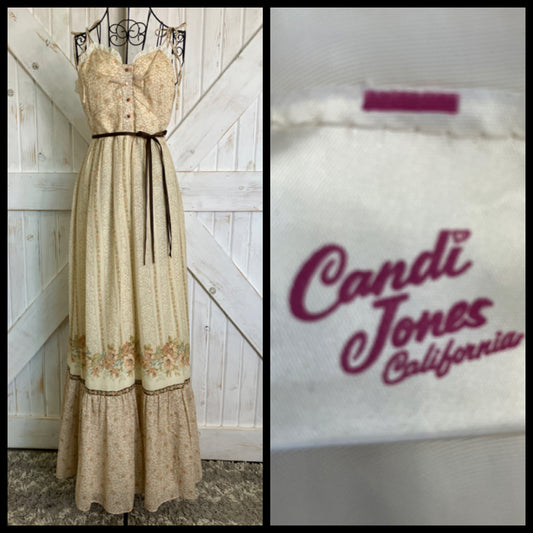 70's Vintage Candi Jones California Ivory Brown Calico Floral Tie Strap Prairie Sundress Maxi Dress