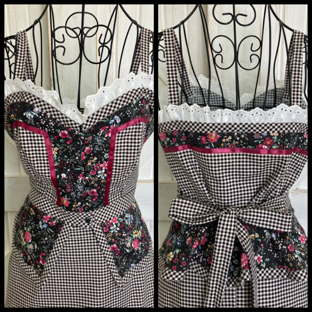 Handmade Gunne Sax STYLE Black White Gingham Pink Calico Prairie Corset Peplum Top Skirt Set