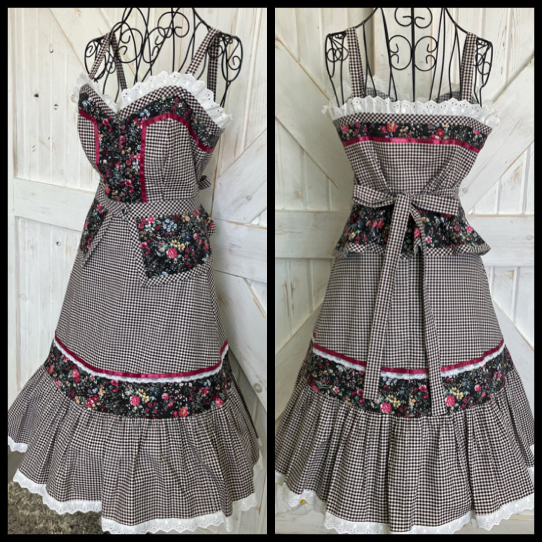 Handmade Gunne Sax STYLE Black White Gingham Pink Calico Prairie Corset Peplum Top Skirt Set