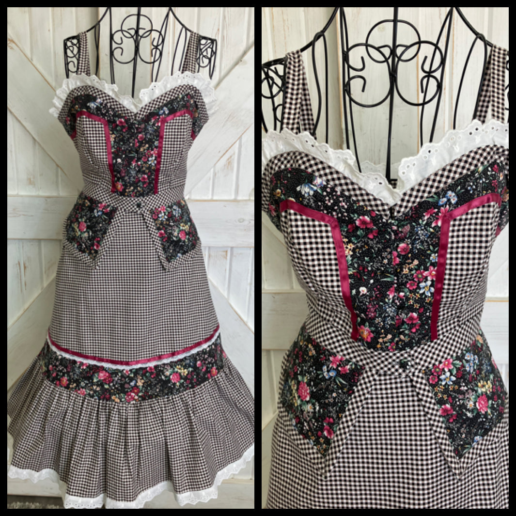 Handmade Gunne Sax STYLE Black White Gingham Pink Calico Prairie Corset Peplum Top Skirt Set