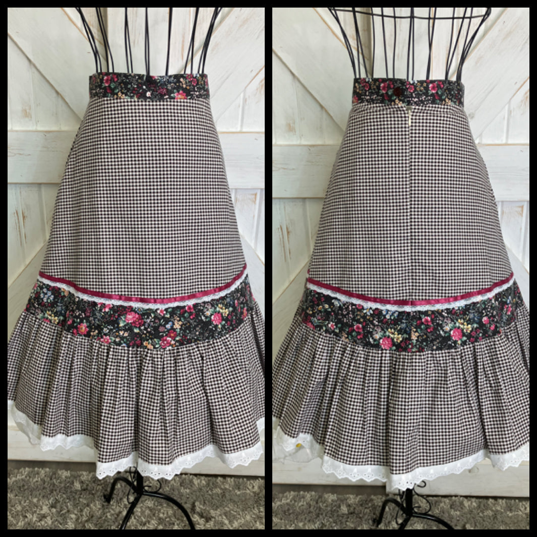 Handmade Gunne Sax STYLE Black White Gingham Pink Calico Prairie Corset Peplum Top Skirt Set