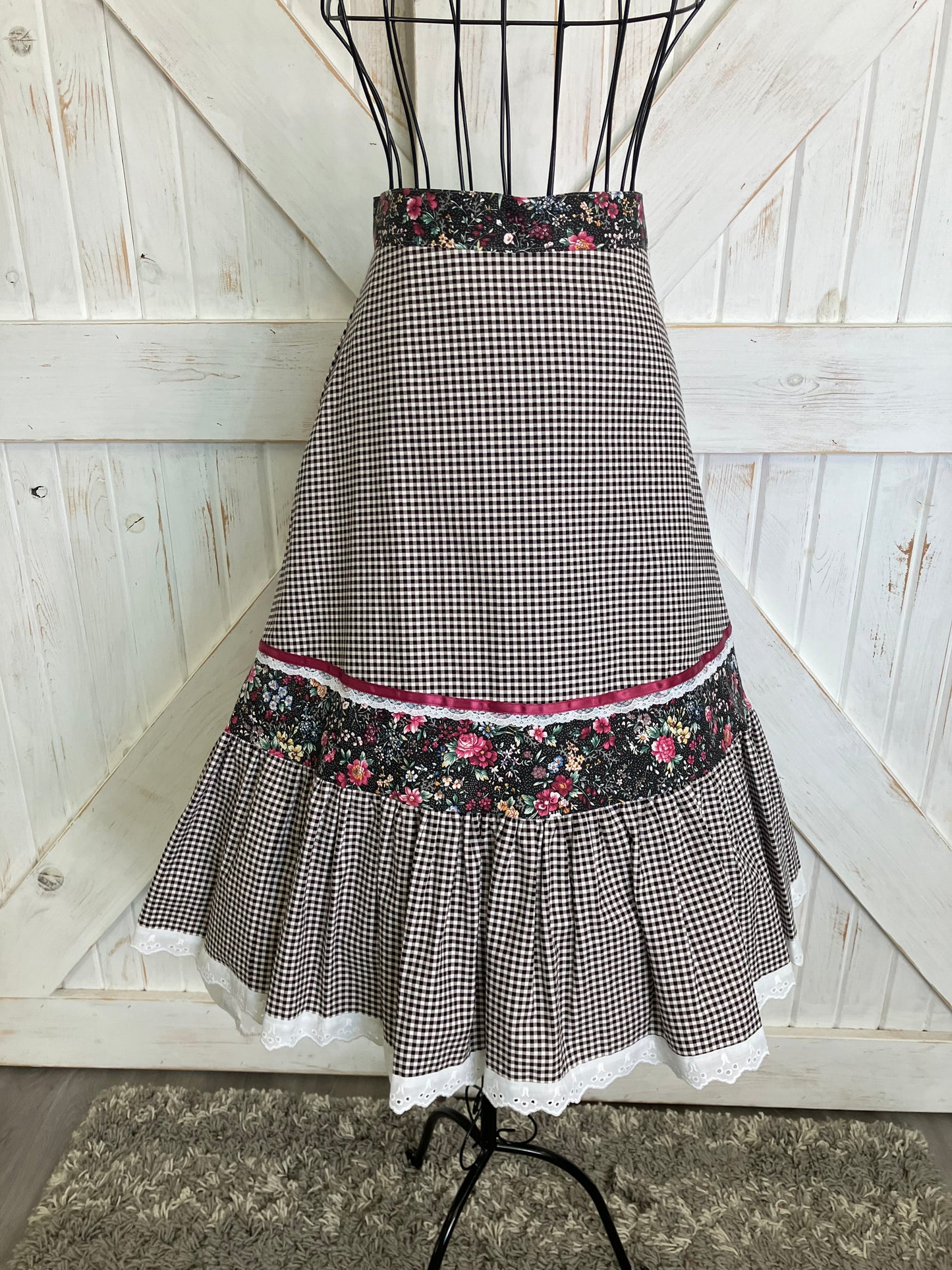 Handmade Gunne Sax STYLE Black White Gingham Pink Calico Prairie Corset Peplum Top Skirt Set