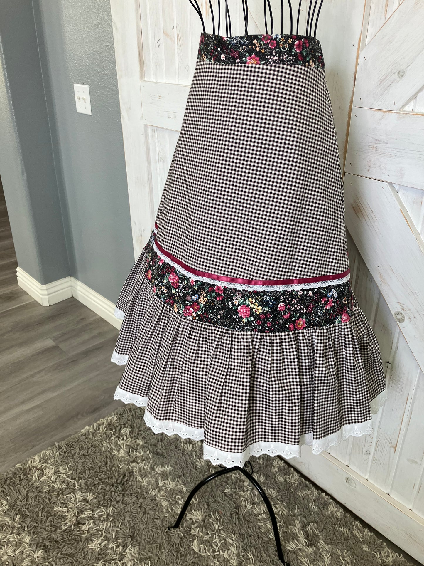 Handmade Gunne Sax STYLE Black White Gingham Pink Calico Prairie Corset Peplum Top Skirt Set