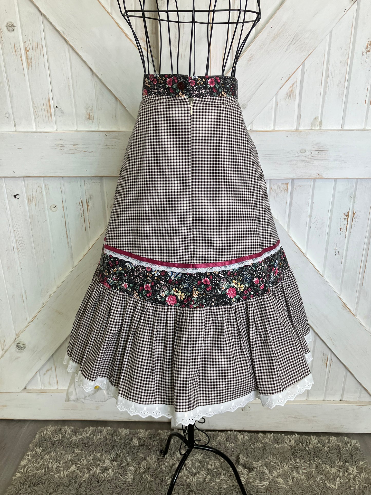 Handmade Gunne Sax STYLE Black White Gingham Pink Calico Prairie Corset Peplum Top Skirt Set