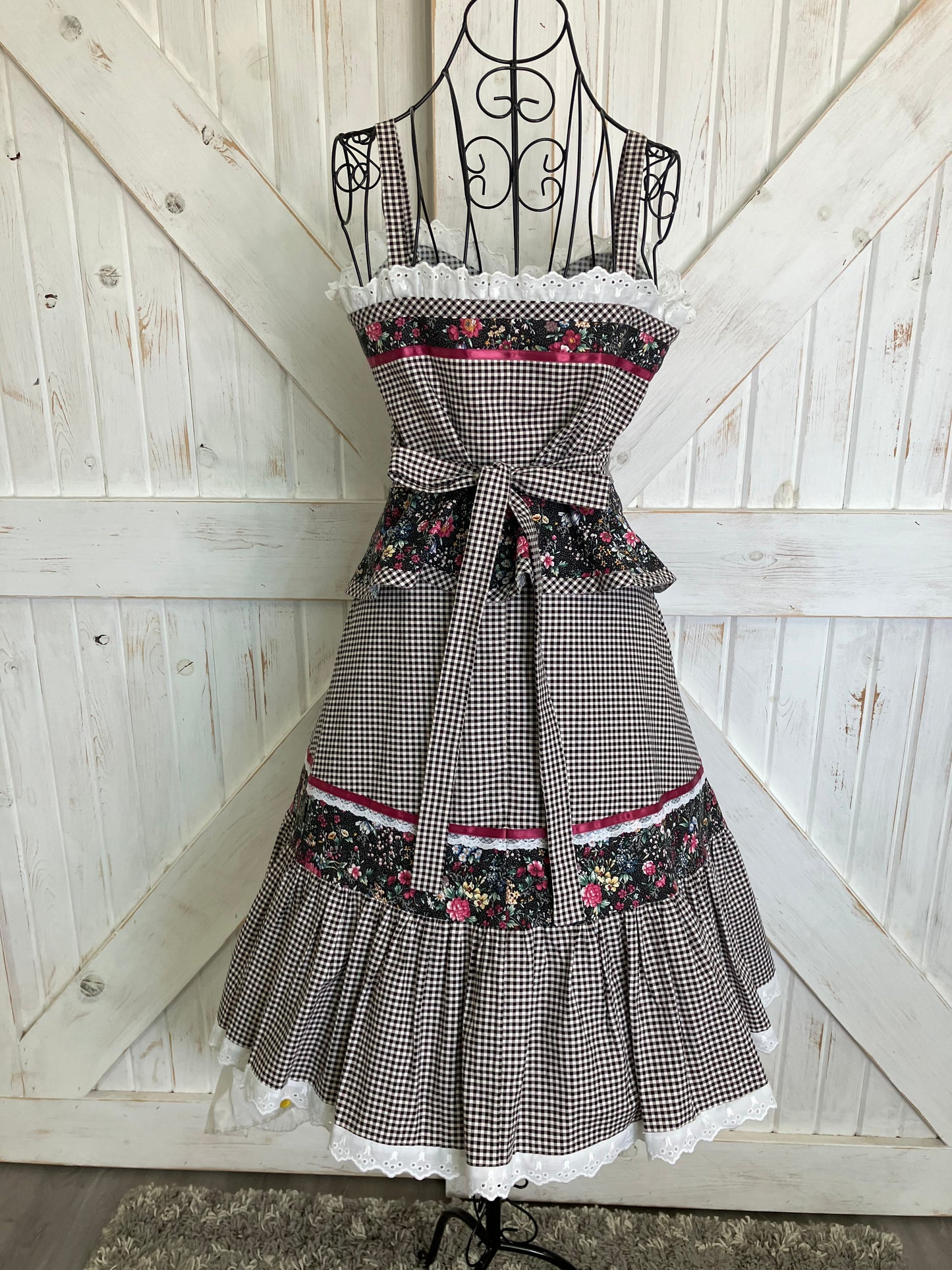 Handmade Gunne Sax STYLE Black White Gingham Pink Calico Prairie Corset Peplum Top Skirt Set