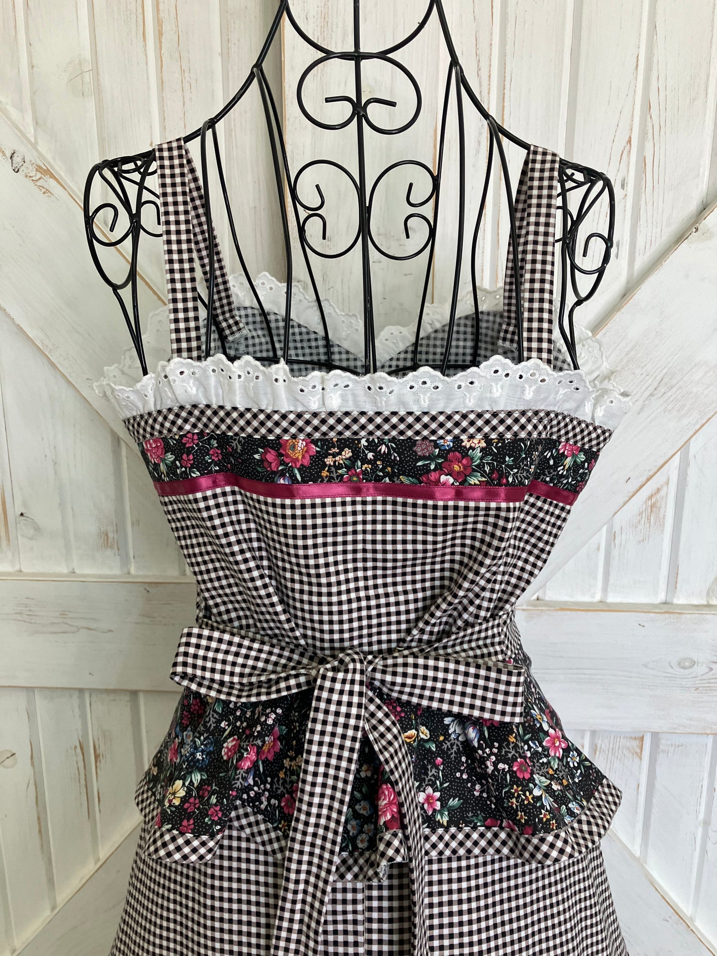 Handmade Gunne Sax STYLE Black White Gingham Pink Calico Prairie Corset Peplum Top Skirt Set