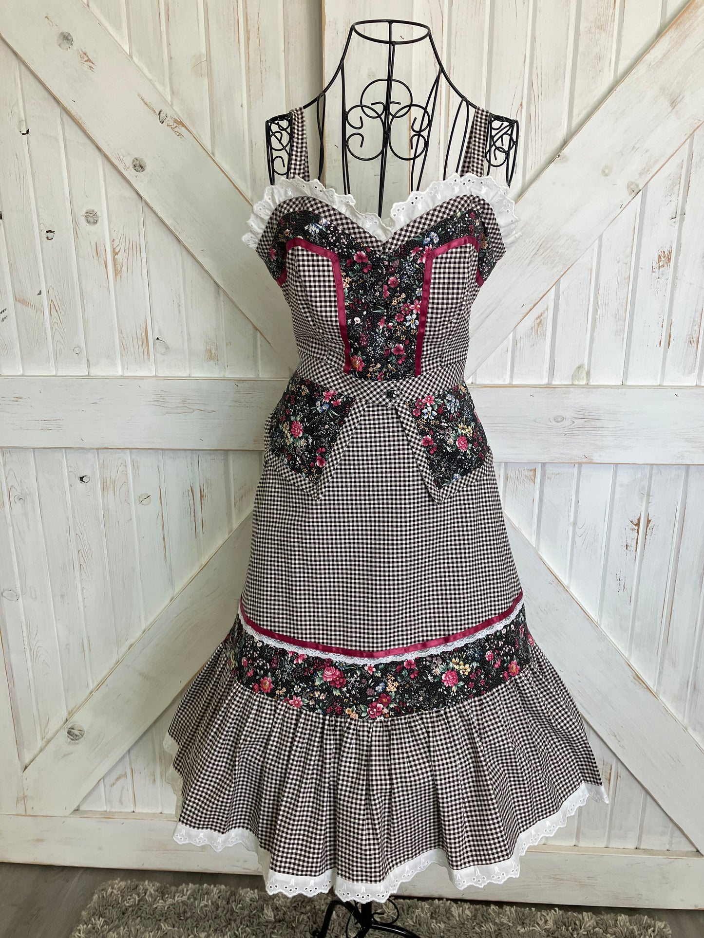 Handmade Gunne Sax STYLE Black White Gingham Pink Calico Prairie Corset Peplum Top Skirt Set