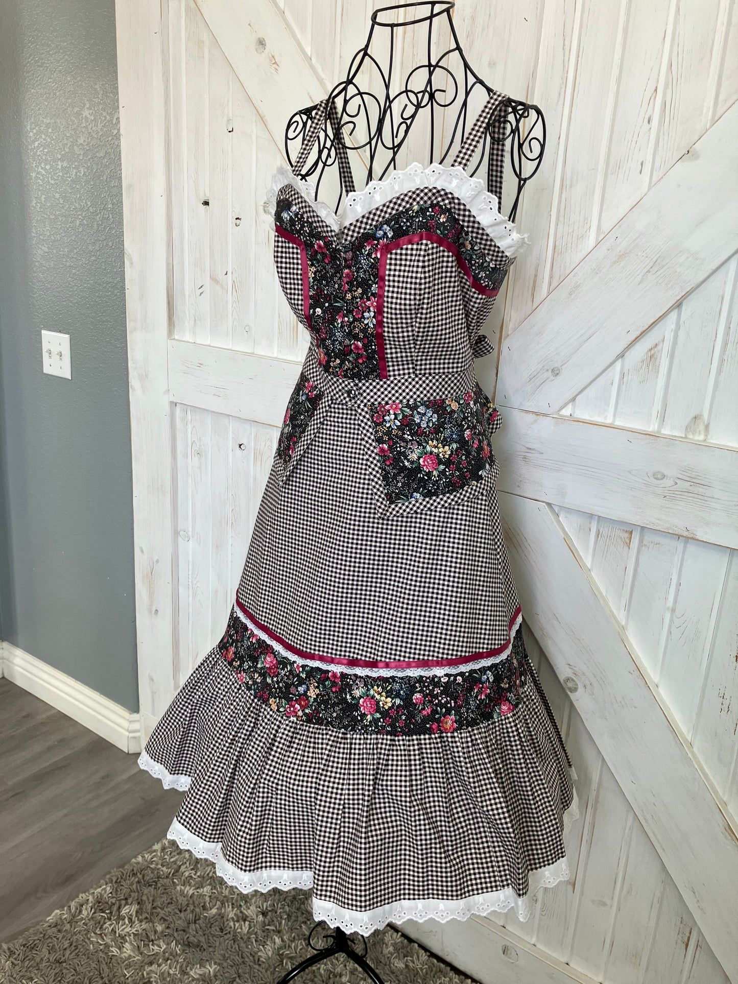 Handmade Gunne Sax STYLE Black White Gingham Pink Calico Prairie Corset Peplum Top Skirt Set