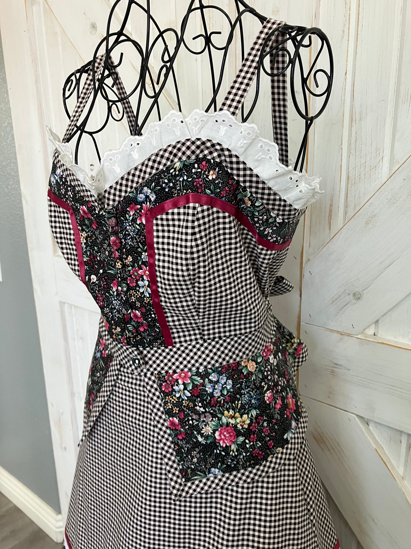 Handmade Gunne Sax STYLE Black White Gingham Pink Calico Prairie Corset Peplum Top Skirt Set