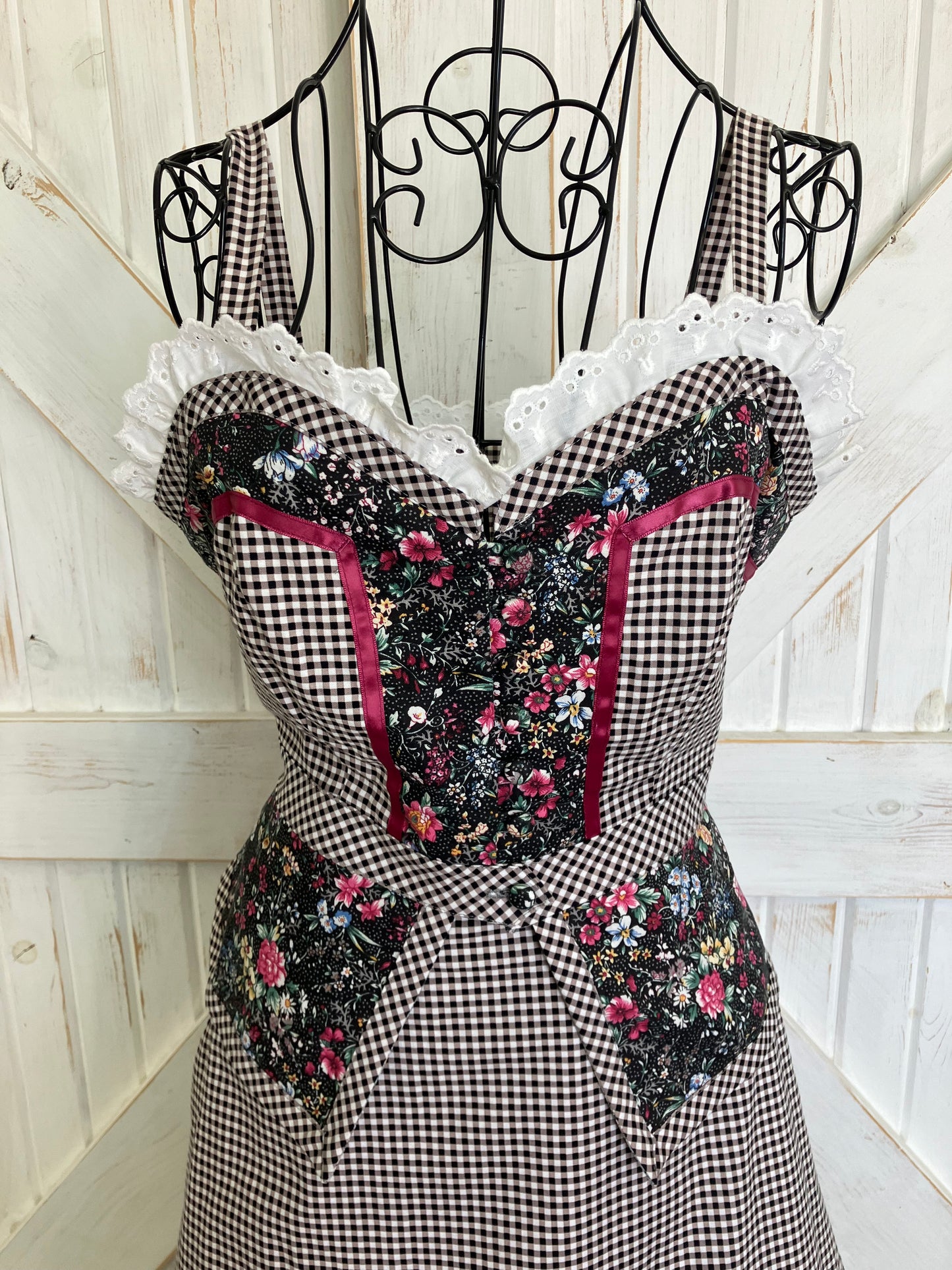 Handmade Gunne Sax STYLE Black White Gingham Pink Calico Prairie Corset Peplum Top Skirt Set