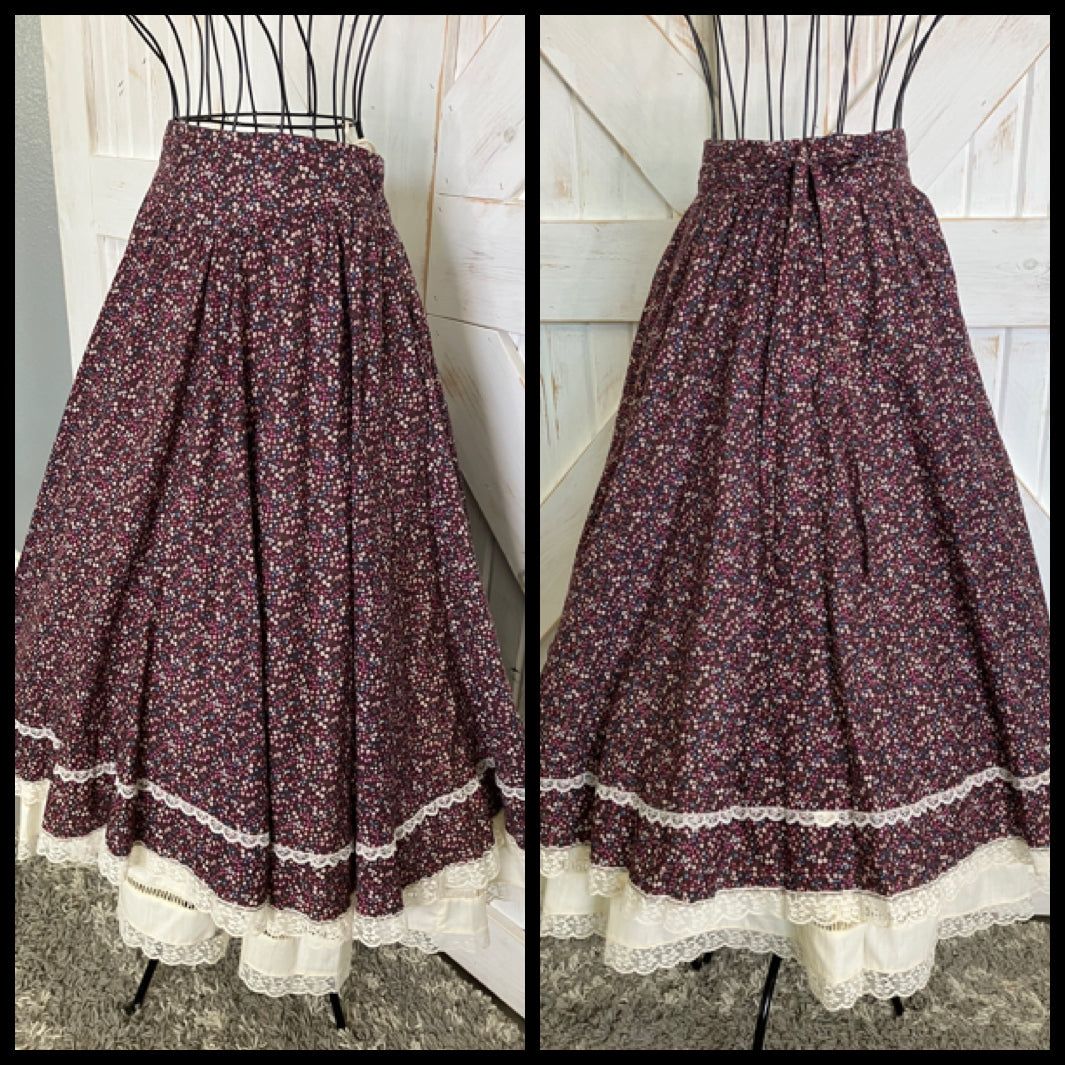 70's Vintage Gunne Sax Jessica's Gunnies Purple Pink Blue Ivory Calico Prairie Midi Skirt 9