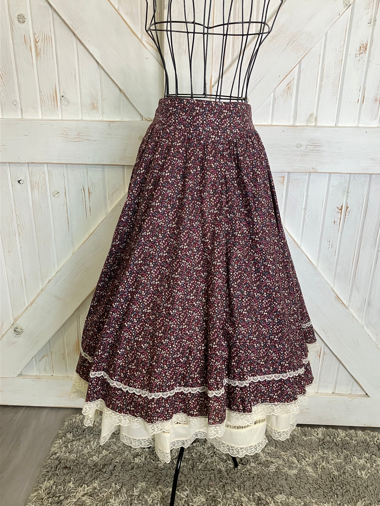 70's Vintage Gunne Sax Jessica's Gunnies Purple Pink Blue Ivory Calico Prairie Midi Skirt 9