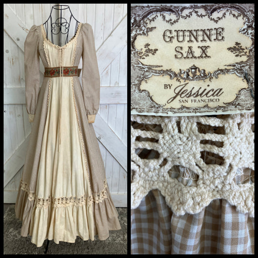 70's Vintage Gunne Sax Brown White Gingham Check Roses Western Corset Prairie Maxi Dress