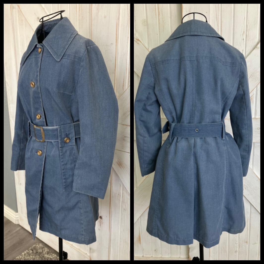 70's Vintage London Fog Blue Denim Chambray Pea Coat Sailor Trench Coat w/ Original Belt