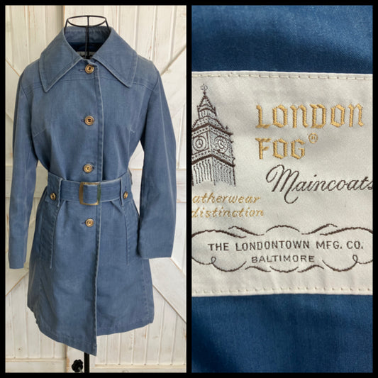 70's Vintage London Fog Blue Denim Chambray Pea Coat Sailor Trench Coat w/ Original Belt