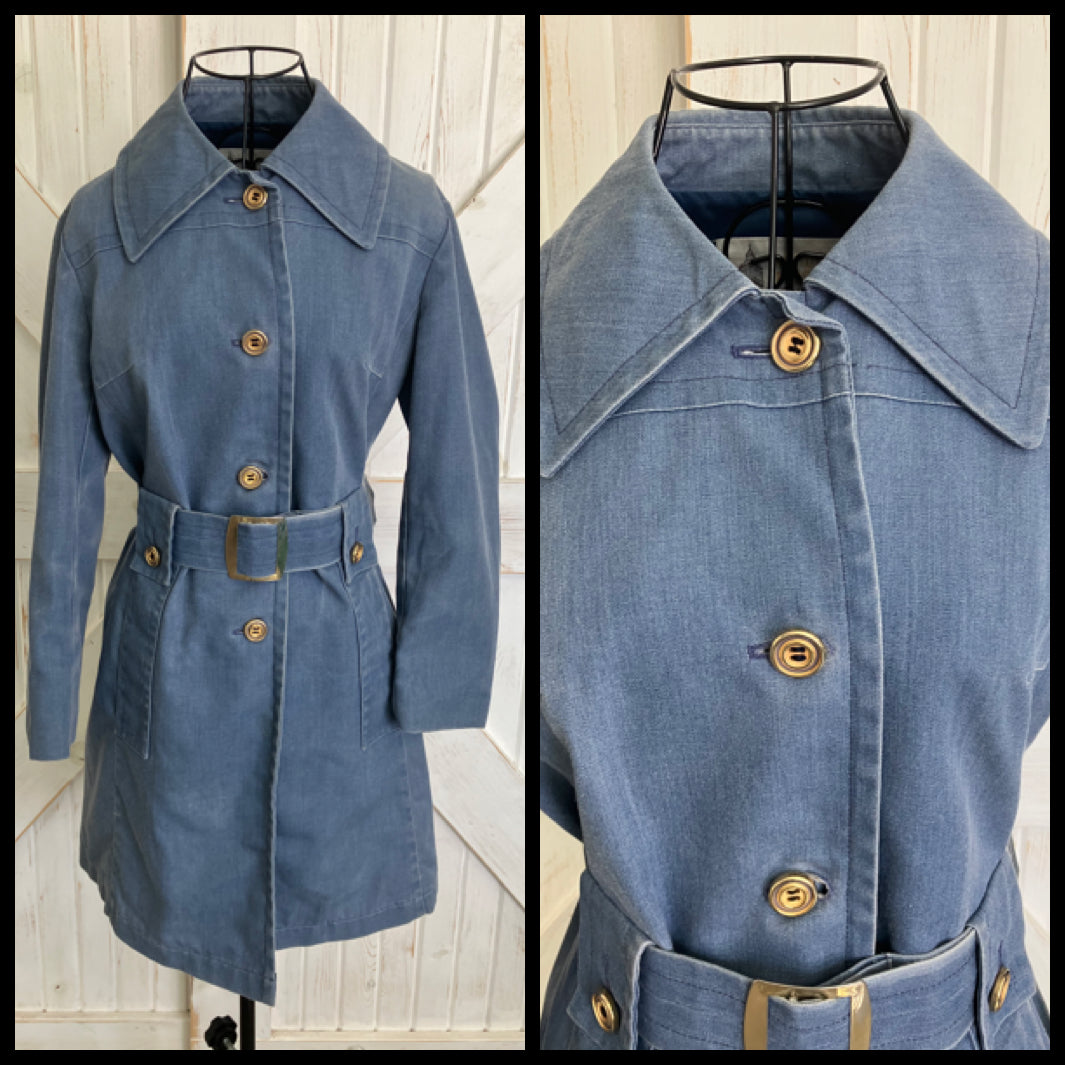 70's Vintage London Fog Blue Denim Chambray Pea Coat Sailor Trench Coat w/ Original Belt