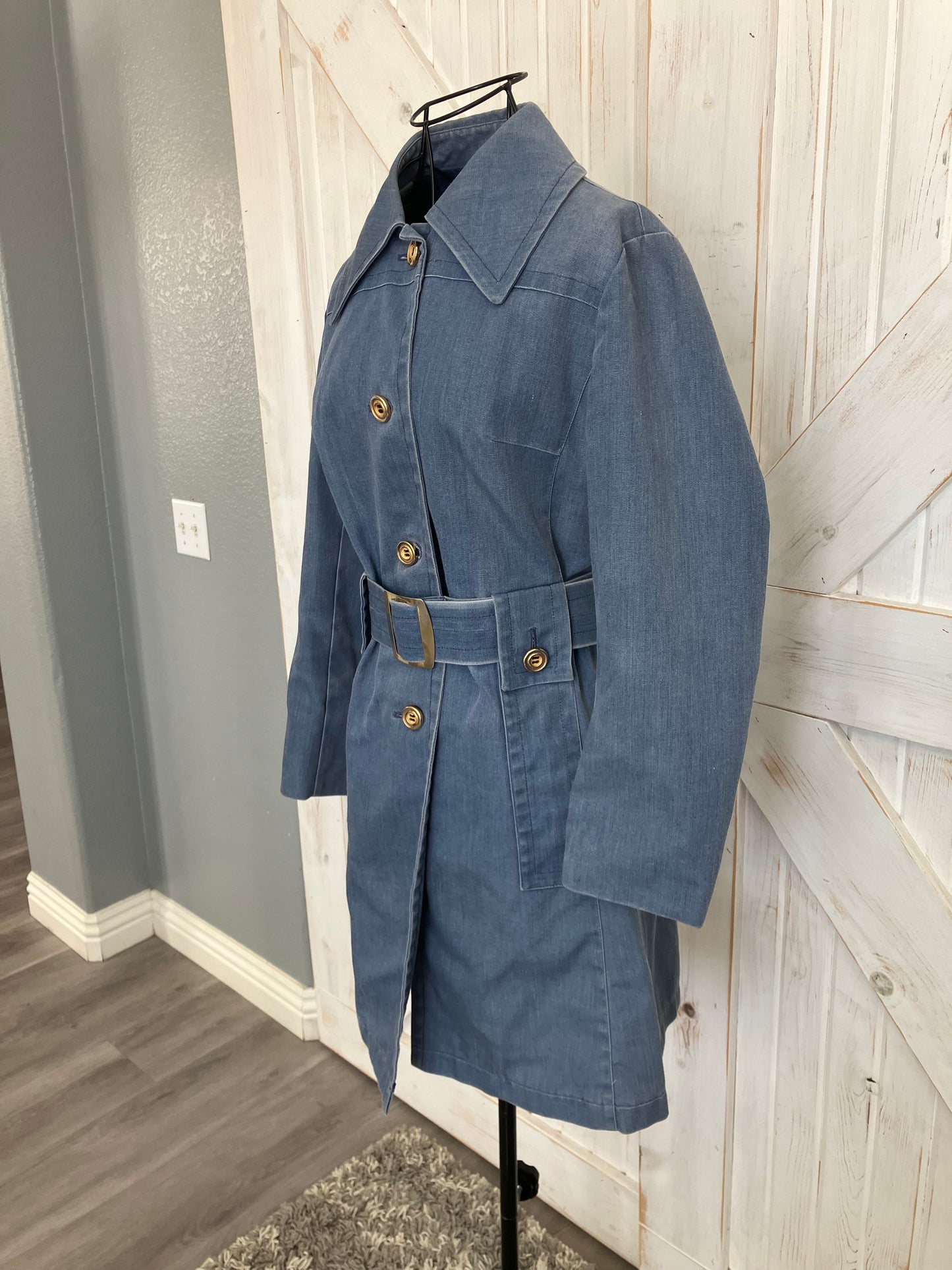 70's Vintage London Fog Blue Denim Chambray Pea Coat Sailor Trench Coat w/ Original Belt