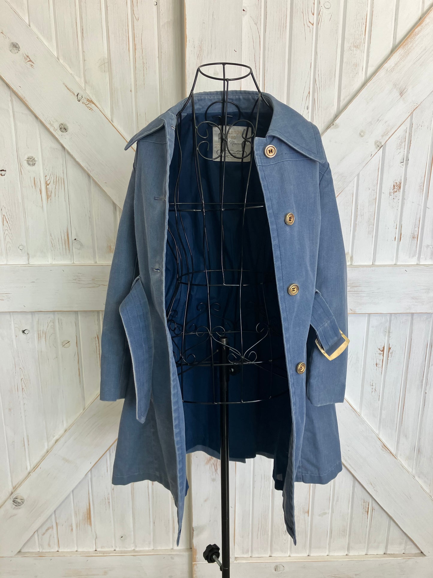 70's Vintage London Fog Blue Denim Chambray Pea Coat Sailor Trench Coat w/ Original Belt