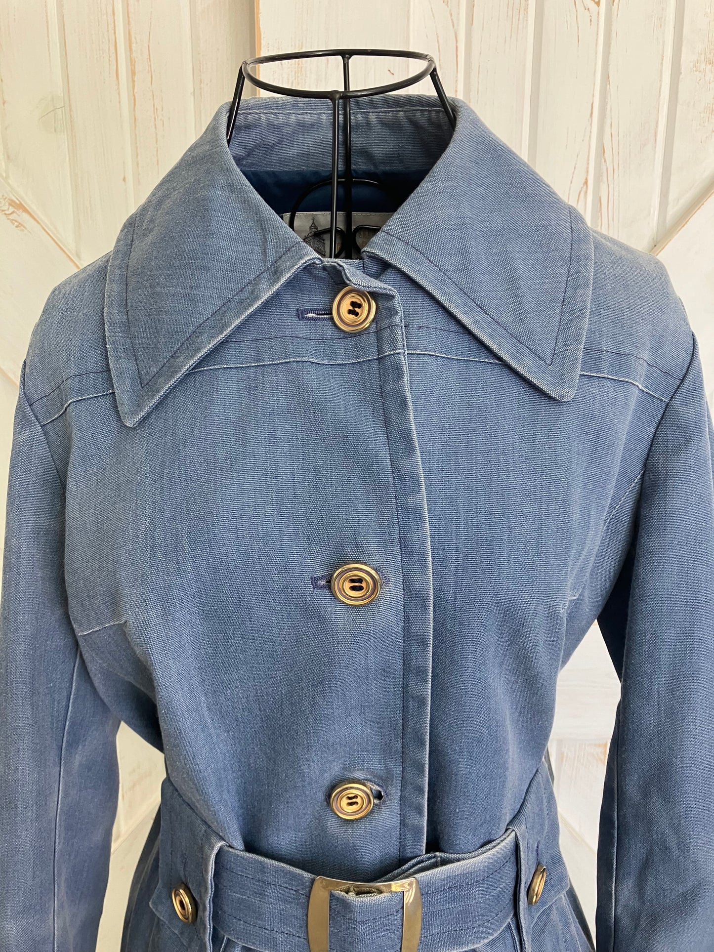 70's Vintage London Fog Blue Denim Chambray Pea Coat Sailor Trench Coat w/ Original Belt