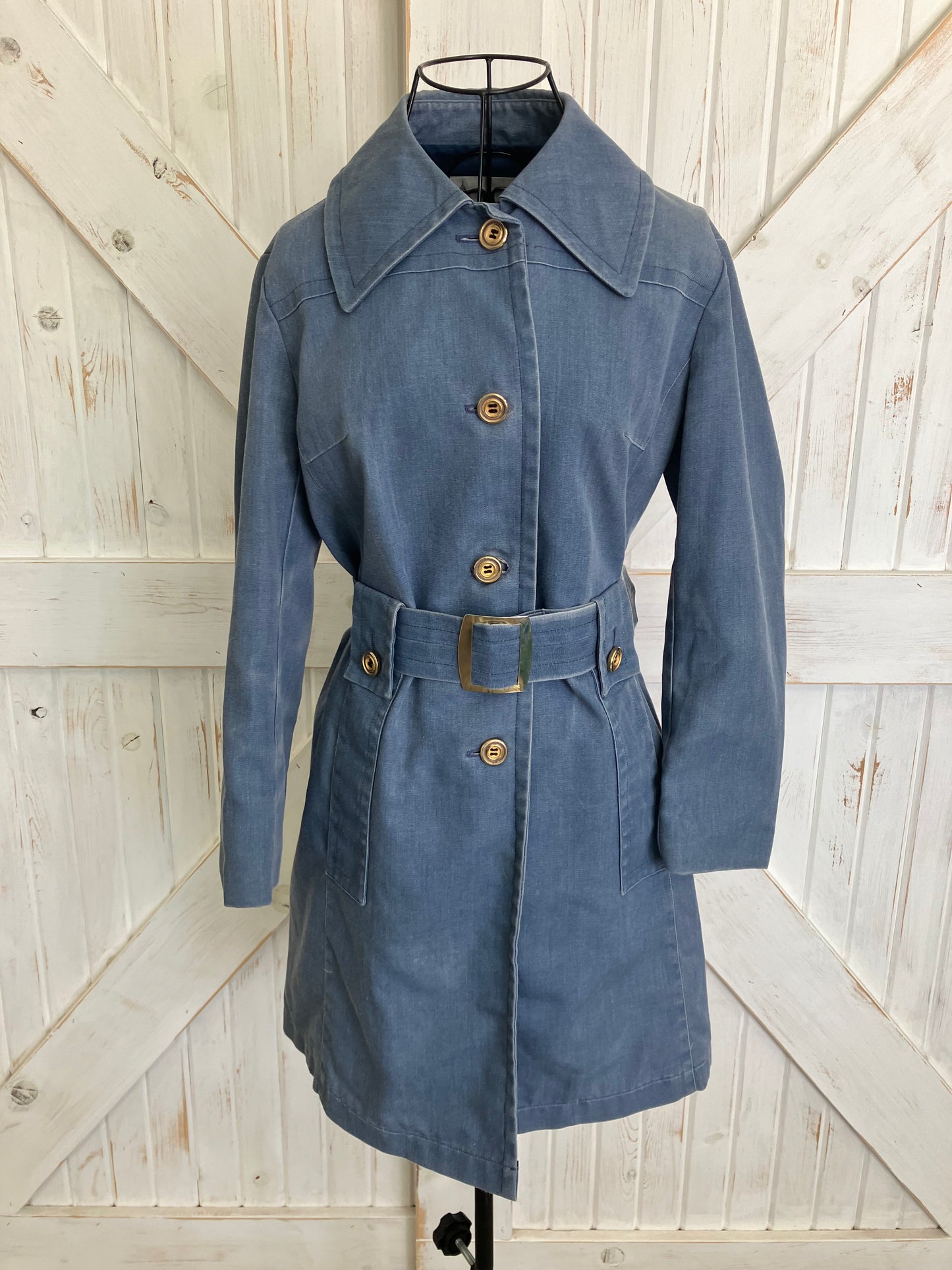 70's Vintage London Fog Blue Denim Chambray Pea Coat Sailor Trench Coat w/ Original Belt