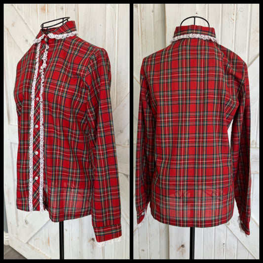 70's Vintage JCPenney Fashions Red Green Tartan Plaid Collared Blouse Top