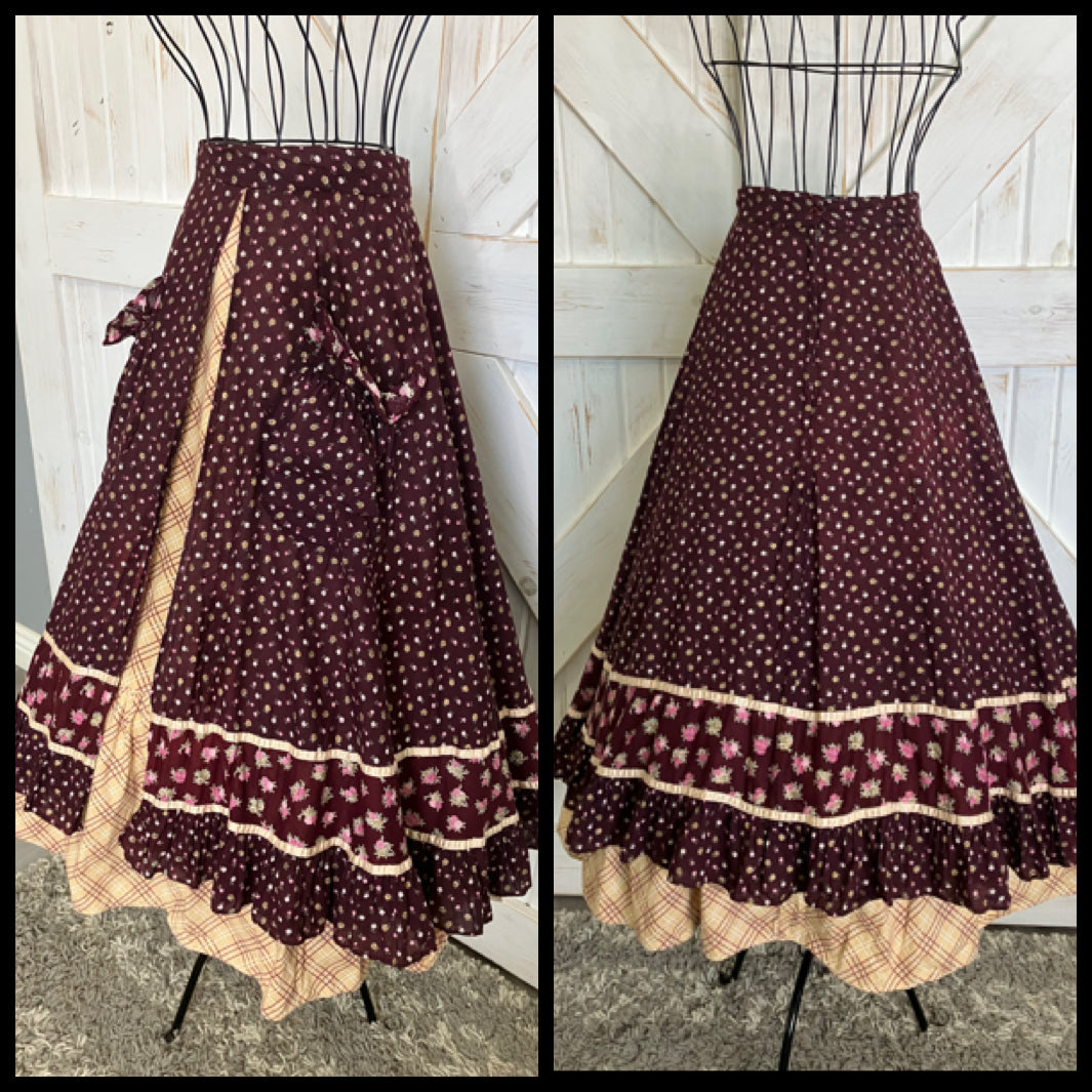 70's Vintage Gunne Sax Jessica's Gunnies Red Purple Pink Calico Roses Brown Plaid Peasant Prairie Midi Skirt 13 *FLAWS