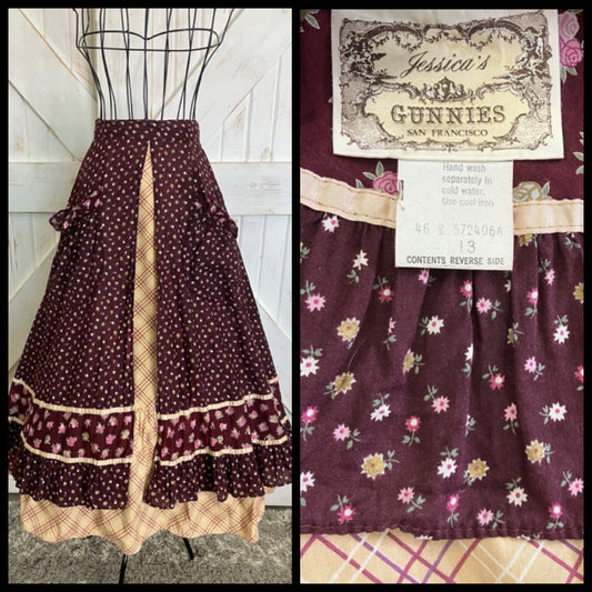 70's Vintage Gunne Sax Jessica's Gunnies Red Purple Pink Calico Roses Brown Plaid Peasant Prairie Midi Skirt 13 *FLAWS